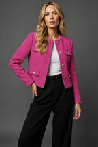 Tweed Blazer Cropped Women's Light Blue Gold Buttons Flap Pockets – Office, Casual, Holiday, Gift