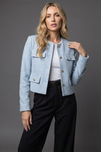 Tweed Blazer Cropped Women's Light Blue Gold Buttons Flap Pockets – Office, Casual, Holiday, Gift