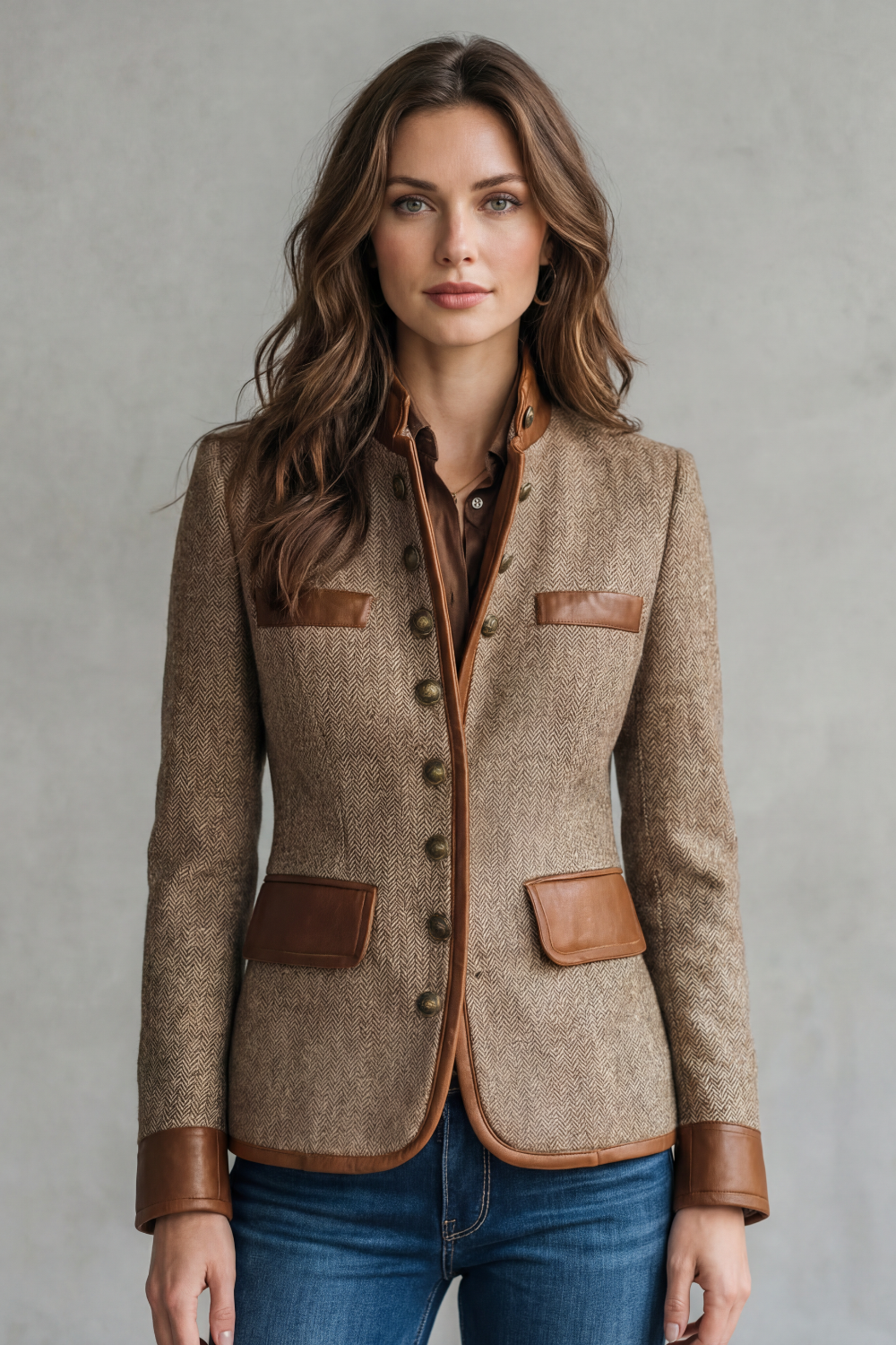 Tweed Blazer Herringbone Brown Leather Trim Women's – Casual, Office, Holiday, Gift