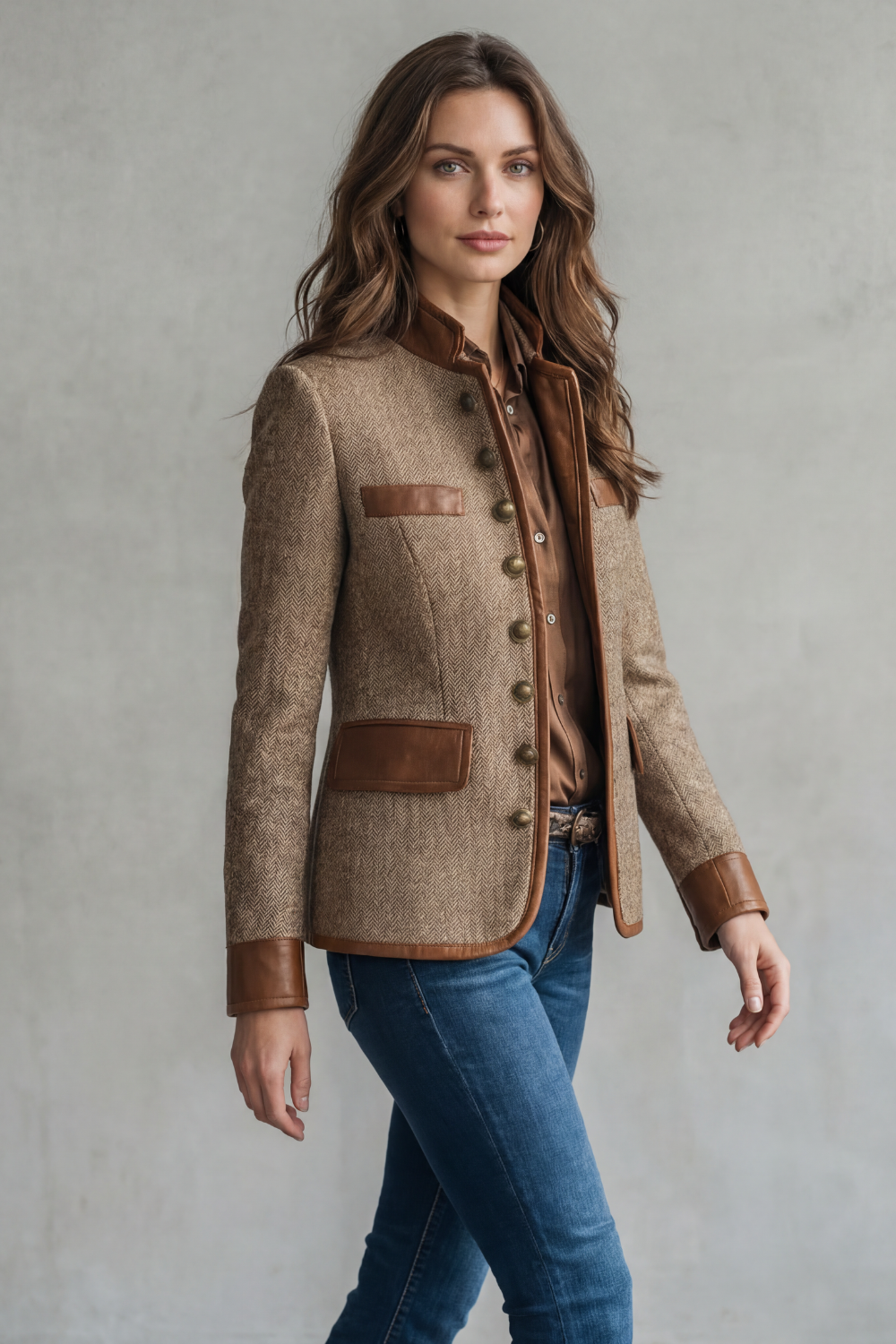 Tweed Blazer Herringbone Brown Leather Trim Women's – Casual, Office, Holiday, Gift
