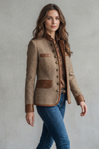 Tweed Blazer Herringbone Brown Leather Trim Women's – Casual, Office, Holiday, Gift