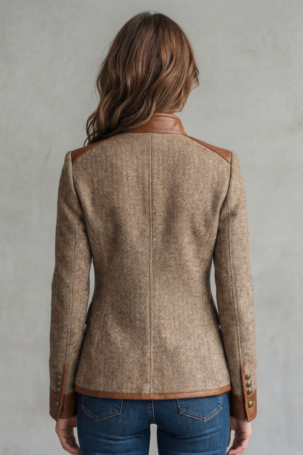 Tweed Blazer Herringbone Brown Leather Trim Women's – Casual, Office, Holiday, Gift