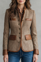 Tweed Blazer Herringbone Brown Leather Trim Women's – Casual, Office, Holiday, Gift