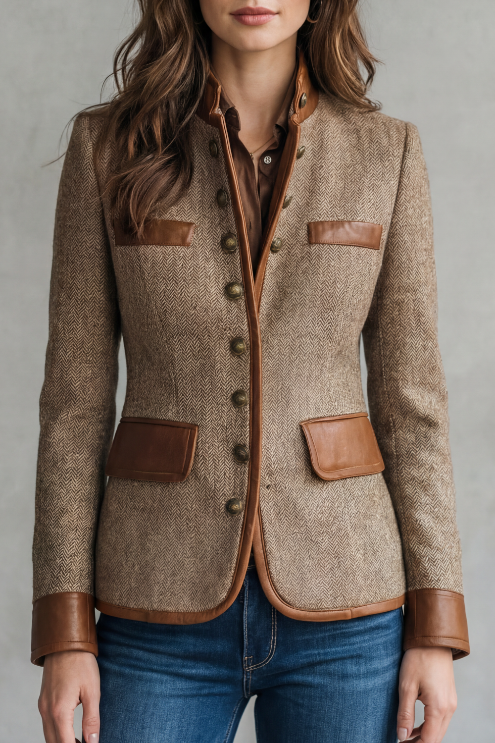 Tweed Blazer Herringbone Brown Leather Trim Women's – Casual, Office, Holiday, Gift