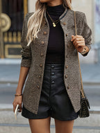 Tweed Blazer Jacket Button-Front Women's Stand Collar – Office, Casual, Autumn Layering, Gift