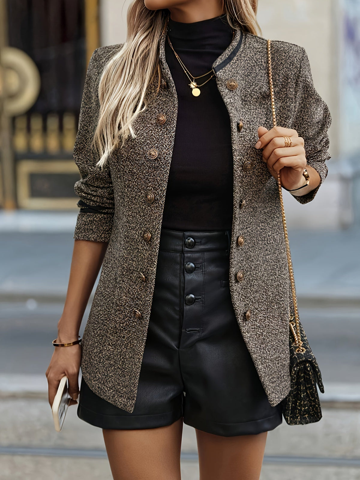 Tweed Blazer Jacket Button-Front Women's Stand Collar – Office, Casual, Autumn Layering, Gift