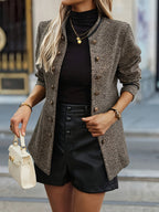Tweed Blazer Jacket Button-Front Women's Stand Collar – Office, Casual, Autumn Layering, Gift