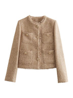 Tweed Jacket Women's Beige Gold Buttons Frayed Edge – Office, Casual, Holiday, Gift