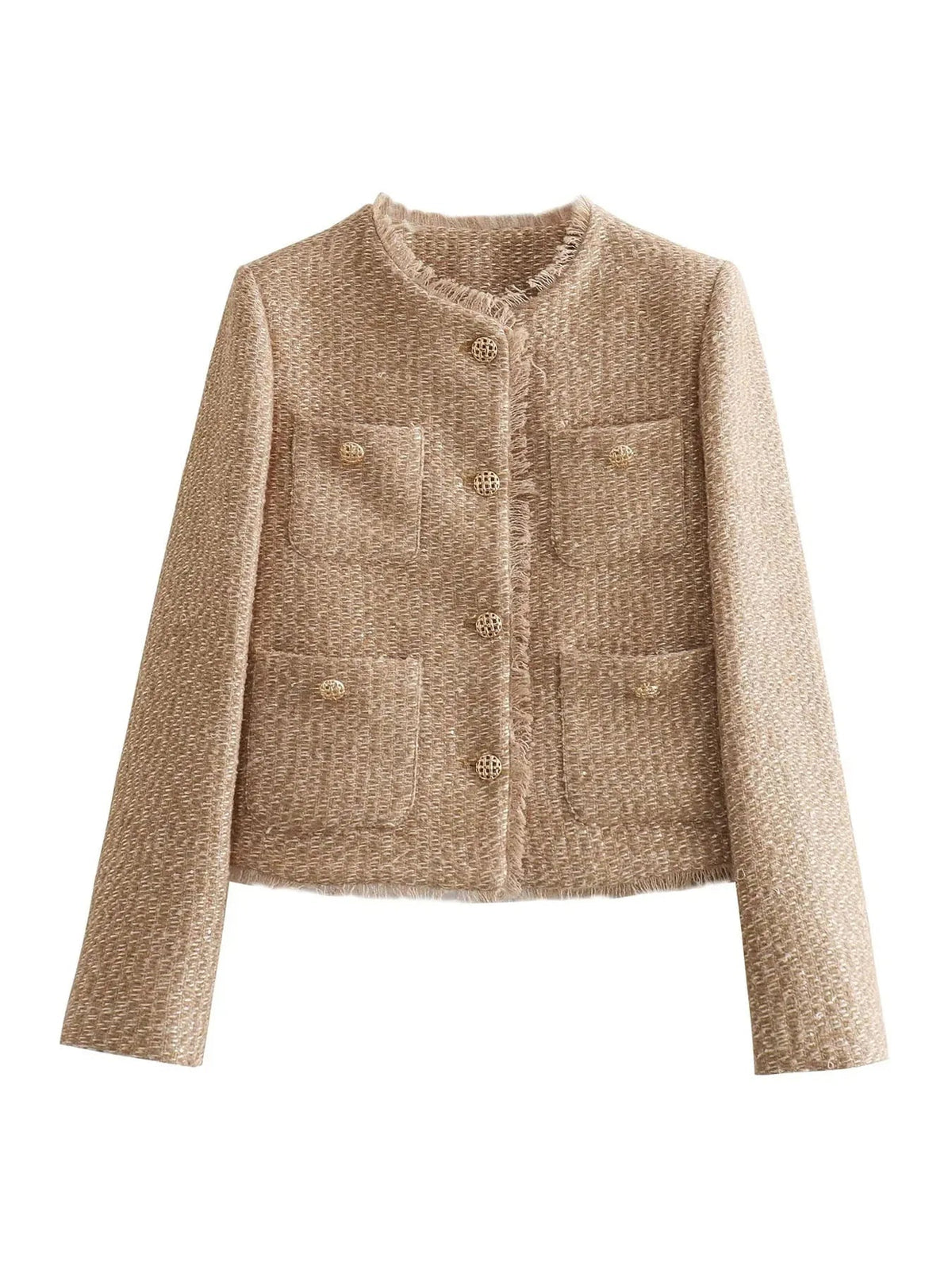 Tweed Jacket Women's Beige Gold Buttons Frayed Edge – Office, Casual, Holiday, Gift