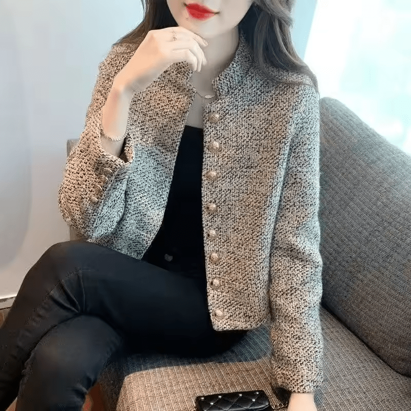 Tweed Jacket Women's Stand Collar Gold Buttons Beige – Office, Casual, Holiday, Gift