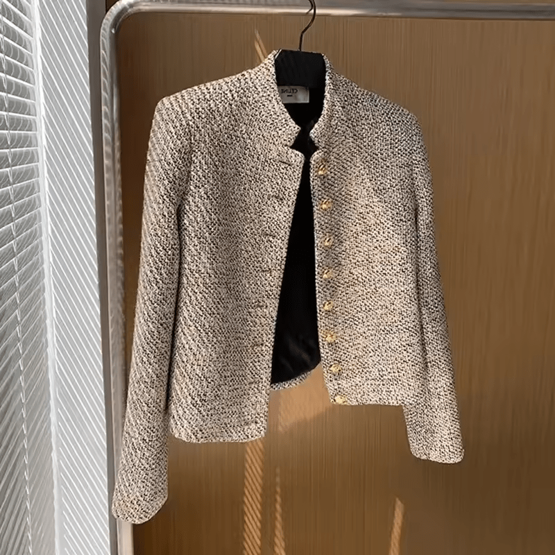 Tweed Jacket Women's Stand Collar Gold Buttons Beige – Office, Casual, Holiday, Gift