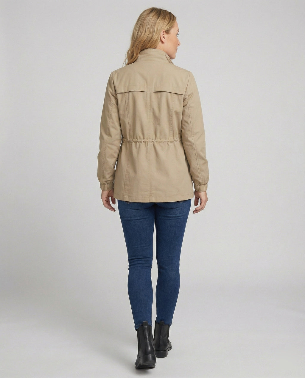 Utility Jacket Beige Cotton Women's Zip-Up – Casual, Office, Holiday, Gift with Drawstring Waist