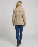 Utility Jacket Beige Cotton Women's Zip-Up – Casual, Office, Holiday, Gift with Drawstring Waist