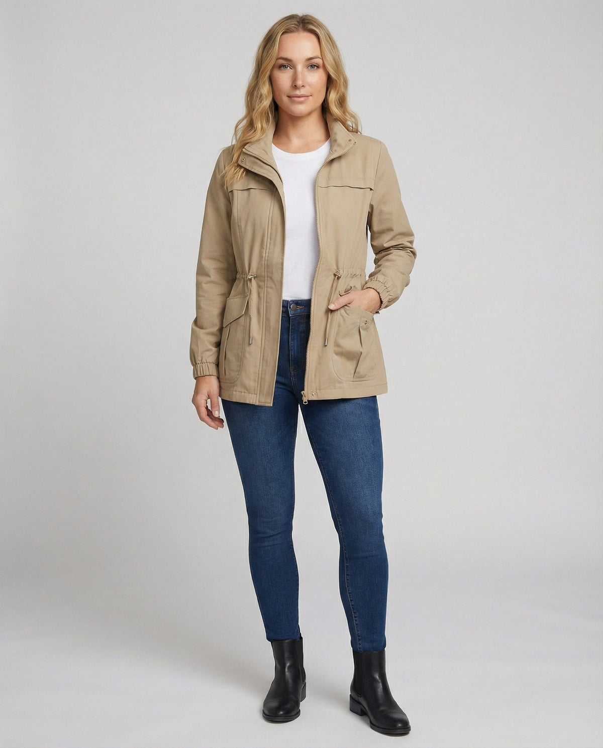 Utility Jacket Beige Cotton Women's Zip-Up – Casual, Office, Holiday, Gift with Drawstring Waist