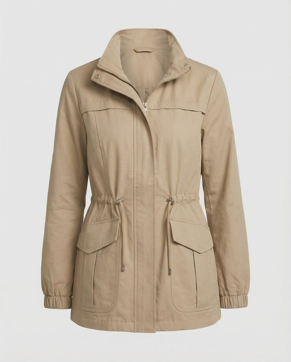 Utility Jacket Beige Cotton Women's Zip-Up – Casual, Office, Holiday, Gift with Drawstring Waist