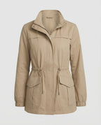 Utility Jacket Beige Cotton Women's Zip-Up – Casual, Office, Holiday, Gift with Drawstring Waist