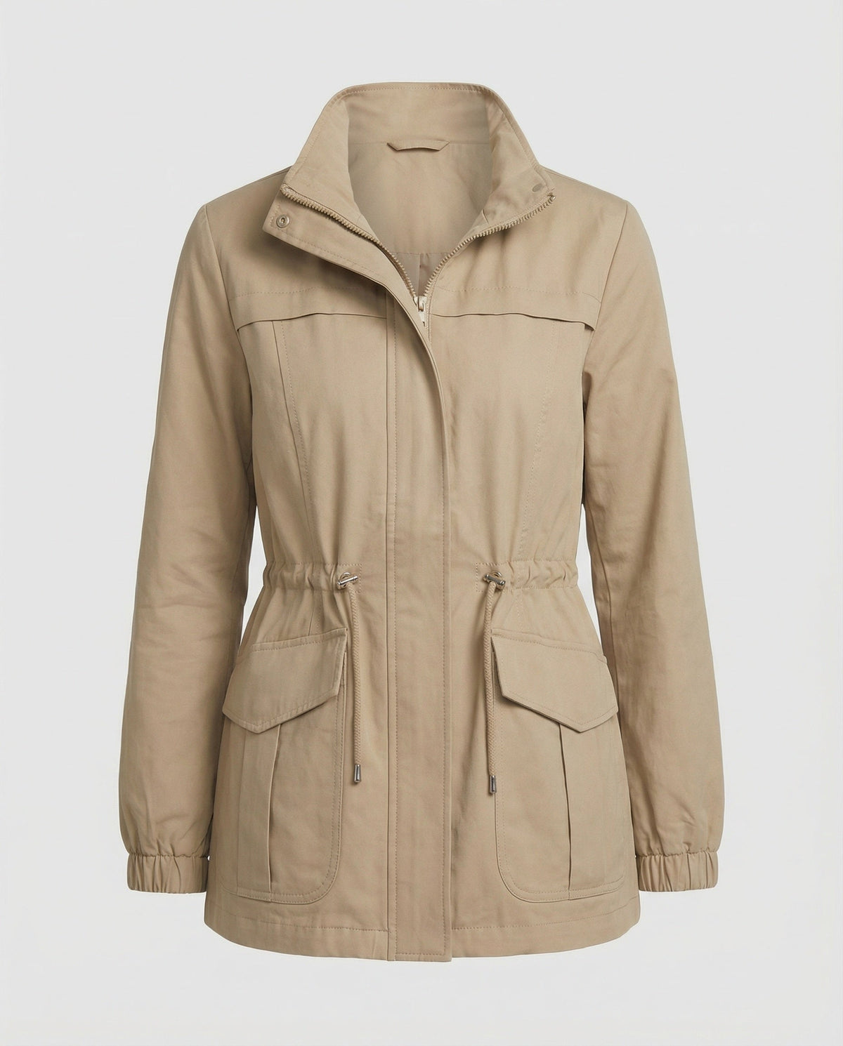 Utility Jacket Beige Cotton Women's Zip-Up – Casual, Office, Holiday, Gift with Drawstring Waist