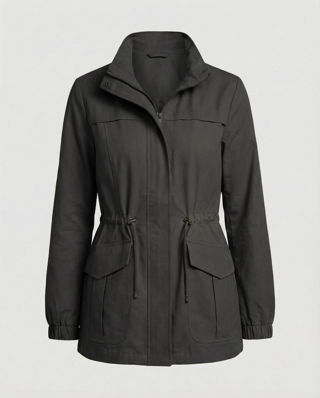 Utility Jacket Beige Cotton Women's Zip-Up – Casual, Office, Holiday, Gift with Drawstring Waist