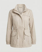 Utility Jacket Beige Cotton Women's Zip-Up – Casual, Office, Holiday, Gift with Drawstring Waist