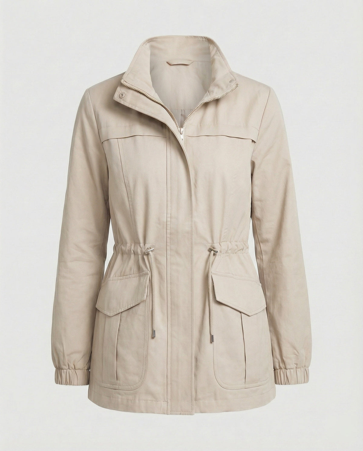 Utility Jacket Beige Cotton Women's Zip-Up – Casual, Office, Holiday, Gift with Drawstring Waist
