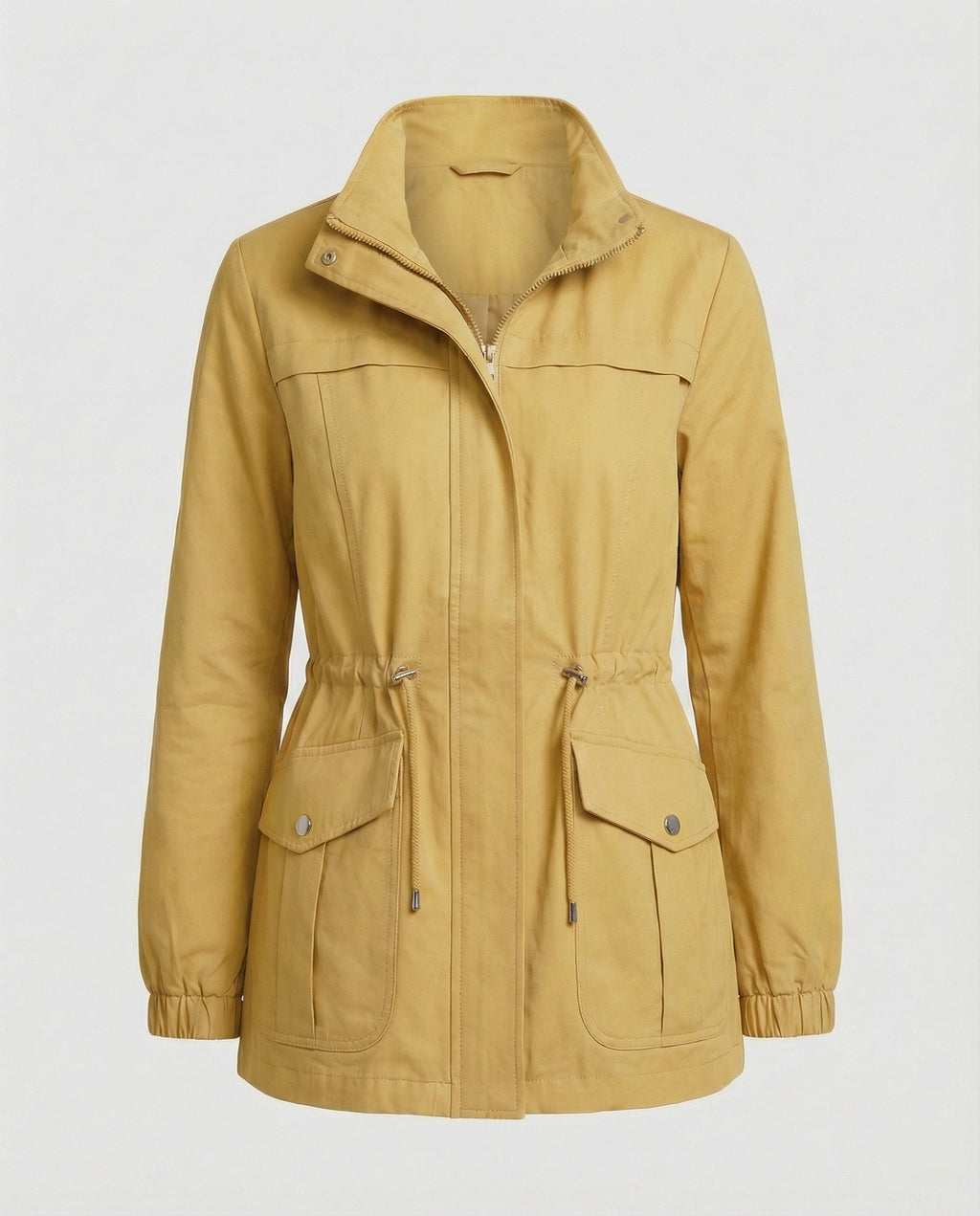 Utility Jacket Beige Cotton Women's Zip-Up – Casual, Office, Holiday, Gift with Drawstring Waist