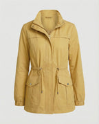 Utility Jacket Beige Cotton Women's Zip-Up – Casual, Office, Holiday, Gift with Drawstring Waist