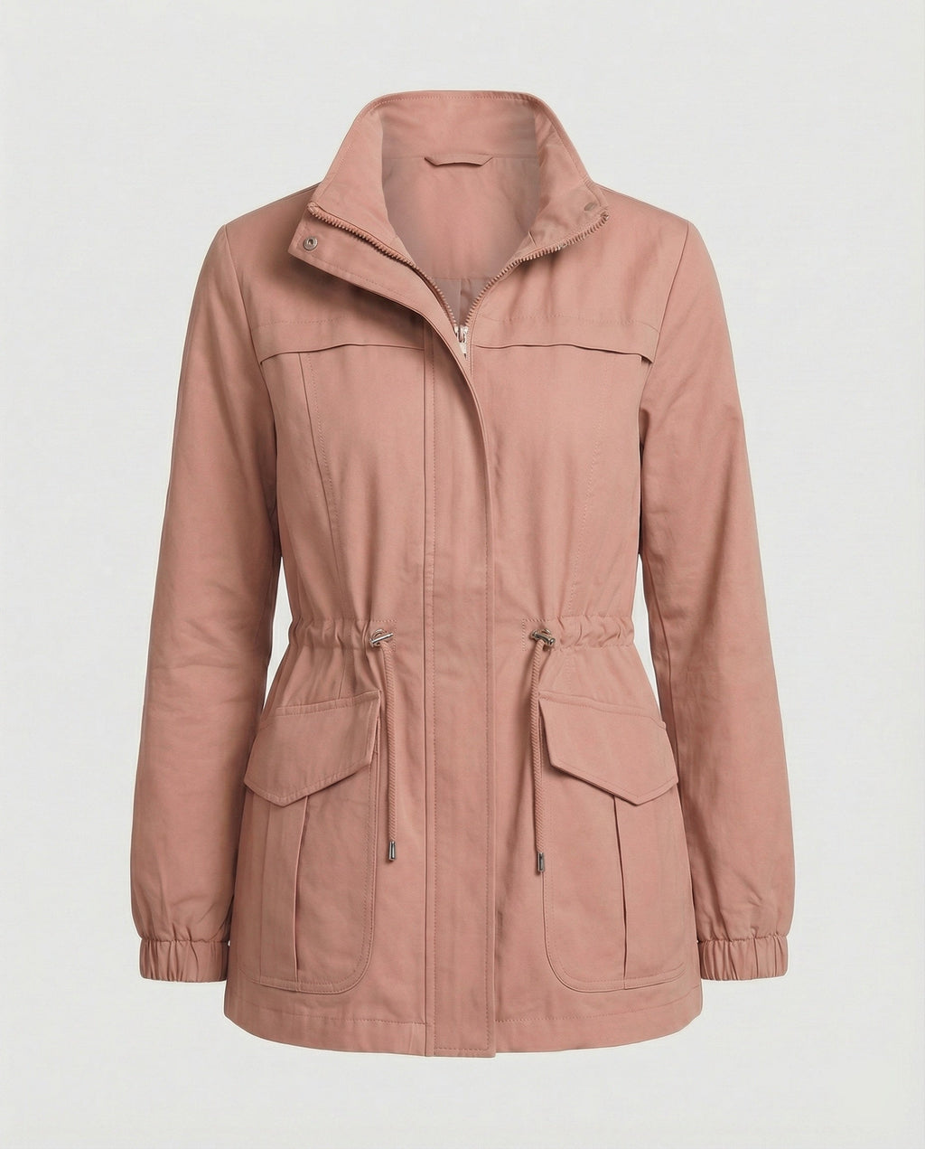 Utility Jacket Beige Cotton Women's Zip-Up – Casual, Office, Holiday, Gift with Drawstring Waist