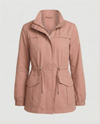 Utility Jacket Beige Cotton Women's Zip-Up – Casual, Office, Holiday, Gift with Drawstring Waist