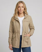 Utility Jacket Beige Cotton Women's Zip-Up – Casual, Office, Holiday, Gift with Drawstring Waist