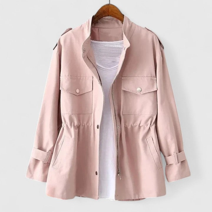 Utility Jacket Pink Cinched Waist Women's Zip Up Overcoat – Casual, Office, Everyday Layering