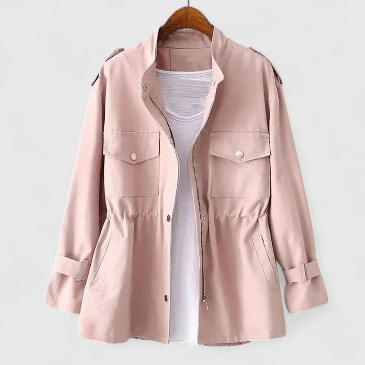 Utility Jacket Pink Cinched Waist Women's Zip Up Overcoat – Casual, Office, Everyday Layering