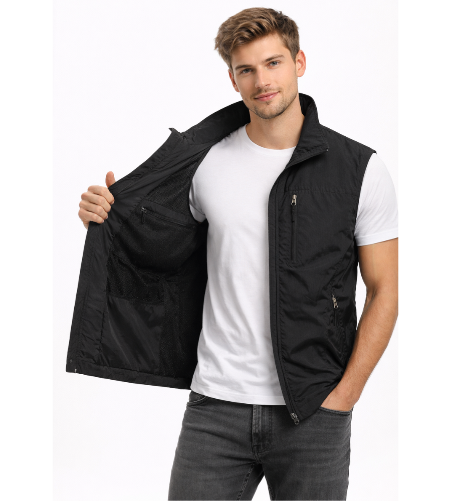 Utility Vest Men's Navy Multi-Pocket Zip Gilet Stand Collar – Casual, Outdoor · Werune