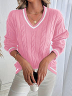 V-Neck Cable Knit Jumper Pink Viscose Blend Women's Long Sleeve – Casual, Office