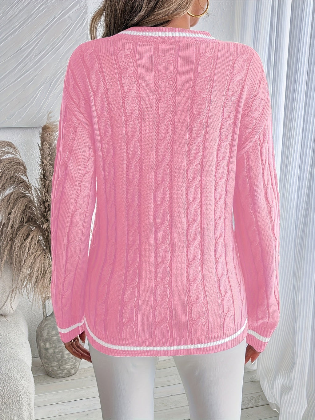 V-Neck Cable Knit Jumper Pink Viscose Blend Women's Long Sleeve – Casual, Office