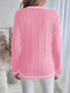 V-Neck Cable Knit Jumper Pink Viscose Blend Women's Long Sleeve – Casual, Office