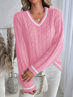 V-Neck Cable Knit Jumper Pink Viscose Blend Women's Long Sleeve – Casual, Office