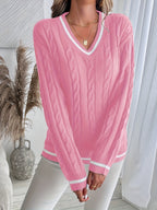 V-Neck Cable Knit Jumper Pink Viscose Blend Women's Long Sleeve – Casual, Office