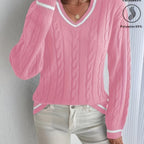 V-Neck Cable Knit Jumper Pink Viscose Blend Women's Long Sleeve – Casual, Office
