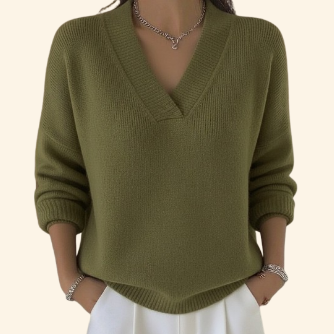 V-Neck Jumper Knitted Burgundy Women's Long Sleeve Sweater – Casual, Office, Everyday Layering Top