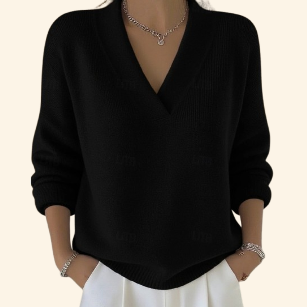 V-Neck Jumper Knitted Burgundy Women's Long Sleeve Sweater – Casual, Office, Everyday Layering Top
