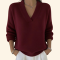 V-Neck Jumper Knitted Burgundy Women's Long Sleeve Sweater – Casual, Office, Everyday Layering Top