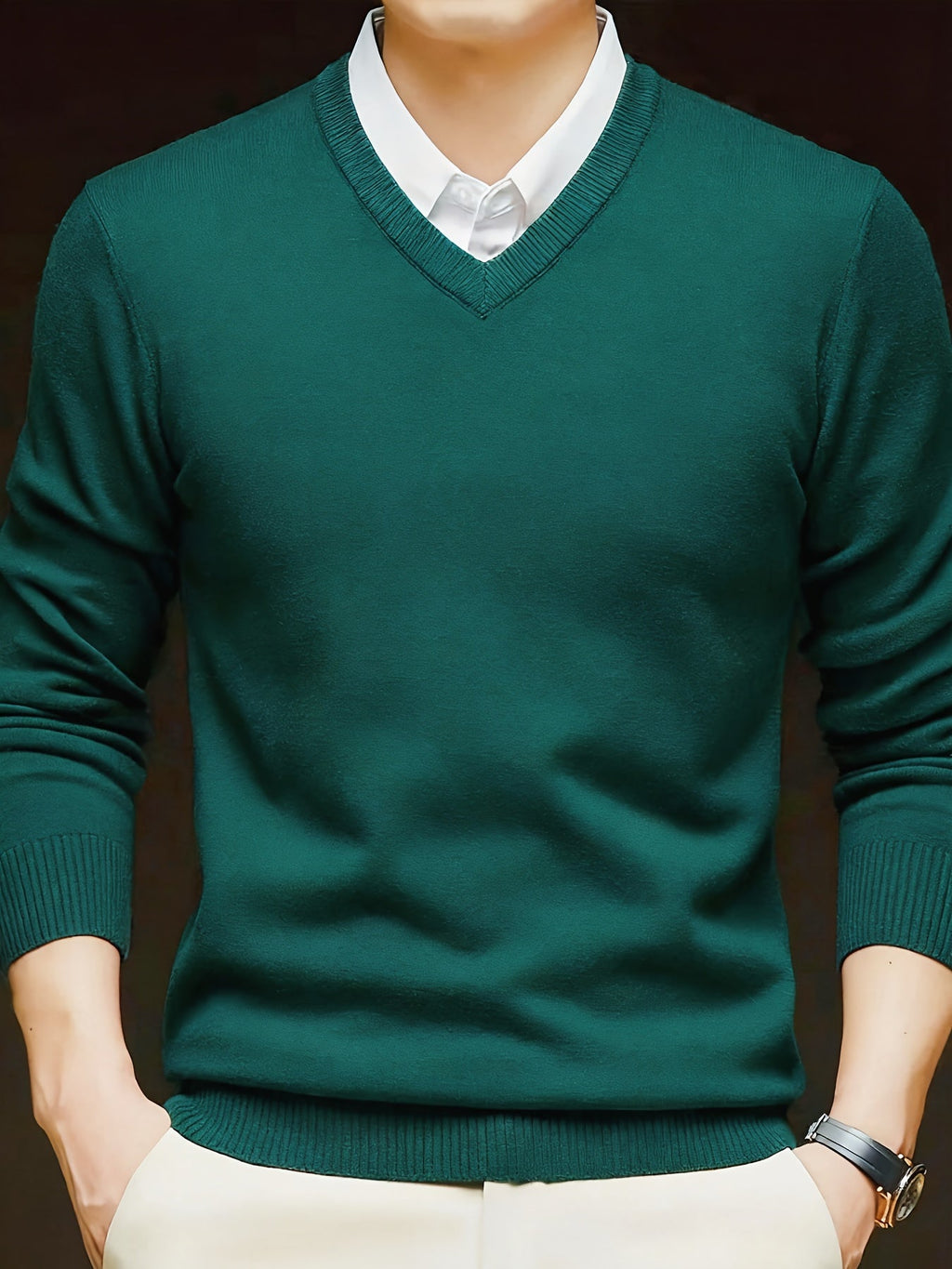 V-Neck Jumper Knitted Long Sleeve Men's Pullover Burgundy – Office, Casual, Smart Layering, Gift