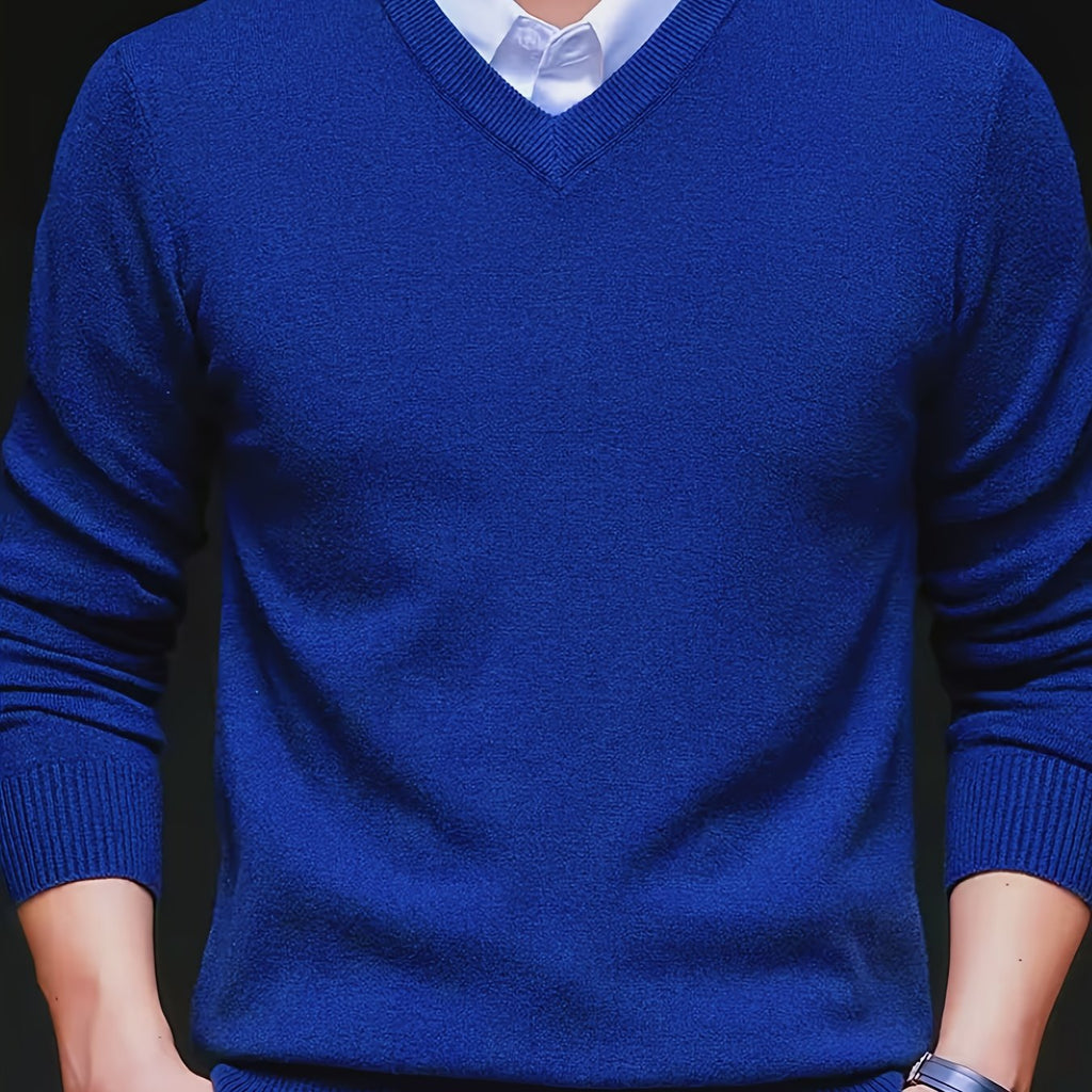 V-Neck Jumper Knitted Long Sleeve Men's Pullover Burgundy – Office, Casual, Smart Layering, Gift