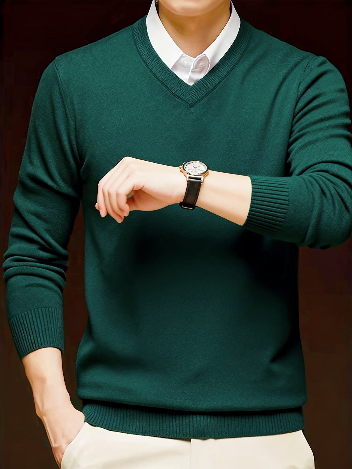 V-Neck Jumper Knitted Long Sleeve Men's Pullover Burgundy – Office, Casual, Smart Layering, Gift