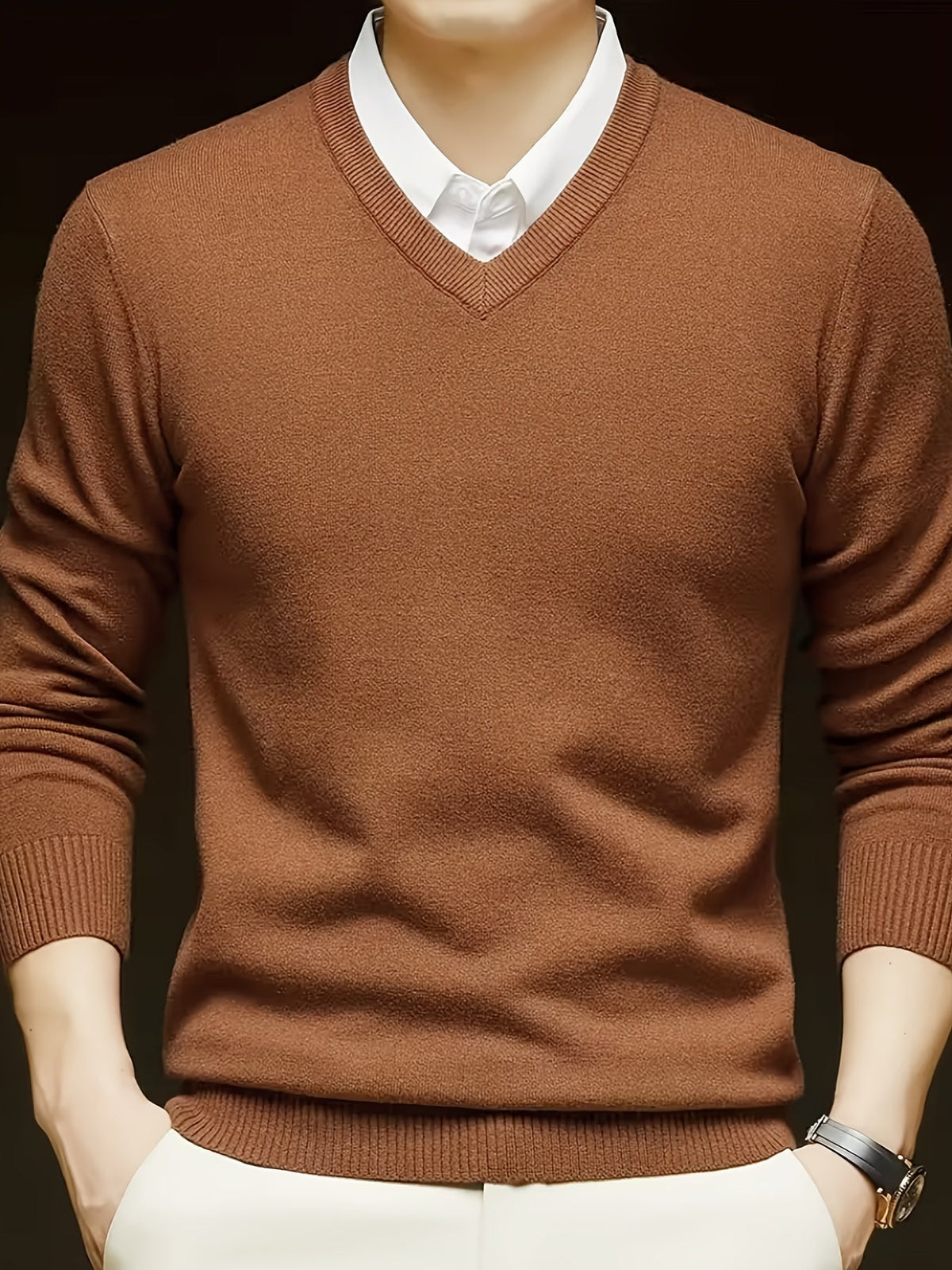 V-Neck Jumper Knitted Long Sleeve Men's Pullover Burgundy – Office, Casual, Smart Layering, Gift