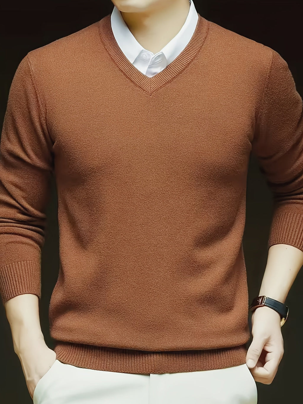 V-Neck Jumper Knitted Long Sleeve Men's Pullover Burgundy – Office, Casual, Smart Layering, Gift