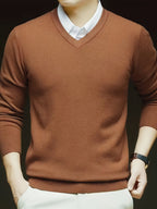 V-Neck Jumper Knitted Long Sleeve Men's Pullover Burgundy – Office, Casual, Smart Layering, Gift