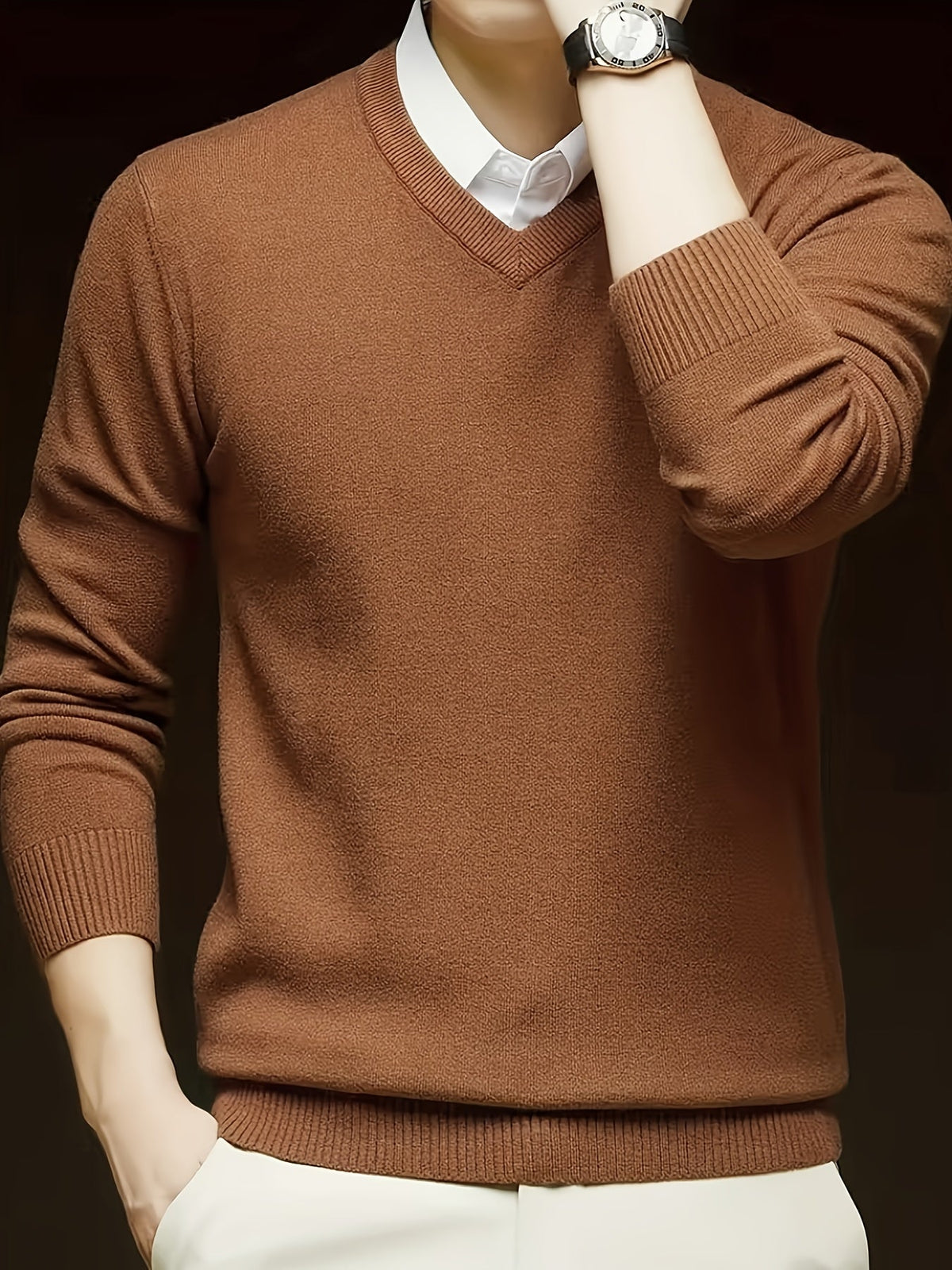 V-Neck Jumper Knitted Long Sleeve Men's Pullover Burgundy – Office, Casual, Smart Layering, Gift
