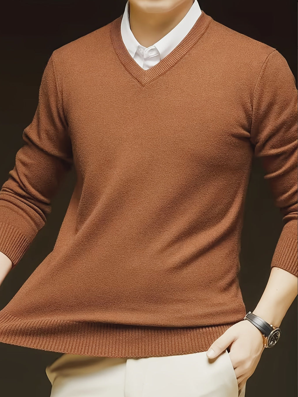 V-Neck Jumper Knitted Long Sleeve Men's Pullover Burgundy – Office, Casual, Smart Layering, Gift