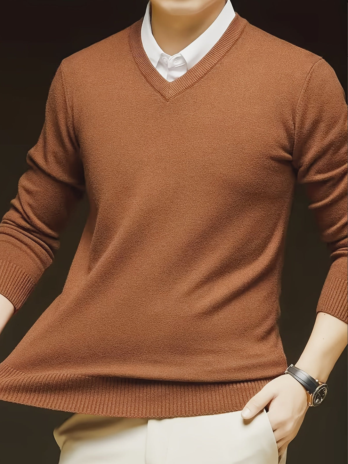 V-Neck Jumper Knitted Long Sleeve Men's Pullover Burgundy – Office, Casual, Smart Layering, Gift